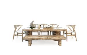 中式原木茶桌椅、长凳组合