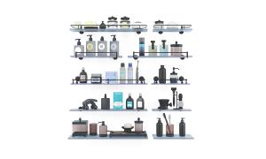 卫浴间化妆品、洗发水、沐浴乳和玻璃收纳架