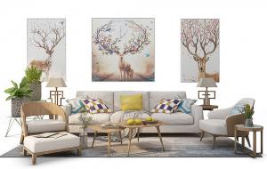 现代北欧沙发、茶几和装饰画组合