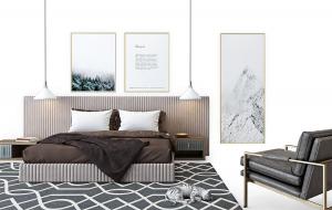 现代软包床头双人床、装饰画、宠物猫组合