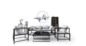 新中式沙发、茶几和墙饰组合