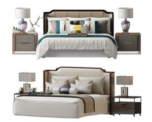 新中式软包双人床、床头柜组合