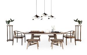 新中式实木茶桌椅、坐凳和花架组合