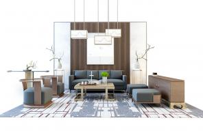 新中式沙发、茶几、屏风和吊灯组合