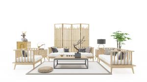 新中式沙发、茶几和屏风组合