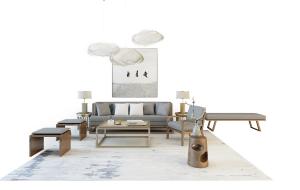 现代中式沙发、茶几、坐墩和吊灯组合