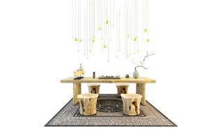 中式原木茶台、茶具和木桩坐墩组合