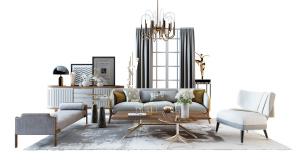 新中式沙发、茶几、窗帘和吊灯组合