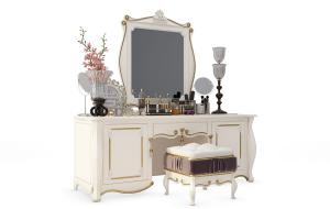 梳妆台化妆品、镜子、花瓶摆件