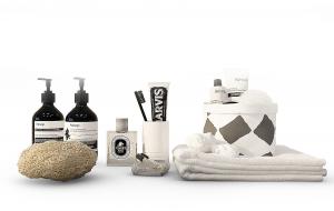 卫生间浴室化妆品、洗发水、浴花、牙膏牙刷和毛巾