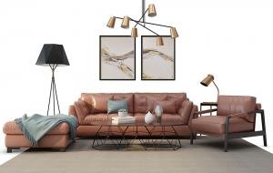 现代北欧皮革沙发、茶几和吊灯组合