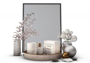 化妆品、镜子、金属花瓶摆件