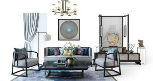 新中式沙发、茶几、装饰柜和吊灯组合