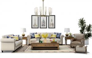 欧式沙发、茶几、吊灯和装饰画组合