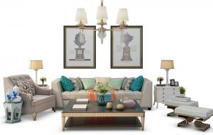 欧式沙发、茶几、吊灯和装饰画组合