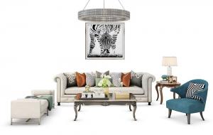 欧式沙发、茶几、吊灯和坐凳组合