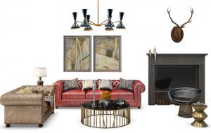 欧式皮革沙发、茶几、吊灯和装饰画组合