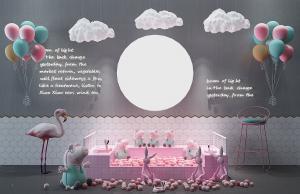 北欧儿童小猪佩琪、海洋球、火烈鸟背景墙