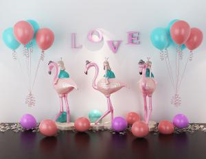 网红少女骑火烈鸟雕塑、气球及花瓣组合