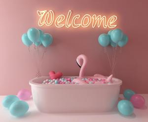 北欧网红气球浴缸、火烈鸟、霓虹灯背景墙