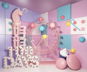 糖果色摩天轮、马卡龙甜点陈设展示背景墙