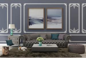 欧式高级灰沙发、茶几、欧式角线和人面金属坐墩组合