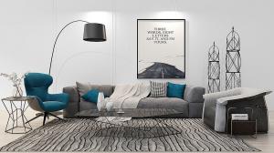 现代布艺沙发、茶几、休闲椅和地毯组合