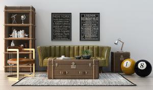 美式沙发、皮箱茶几和休闲椅组合