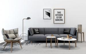 现代北欧沙发、茶几和落地灯组合