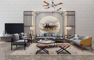 新中式沙发、茶几、墙饰和金属吊灯组合