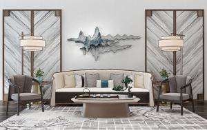 新中式沙发、茶几和休闲椅组合