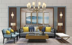 新中式沙发、茶几、方形坐凳和背景墙组合