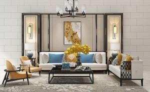 新中式沙发、茶几、休闲椅和吊灯组合