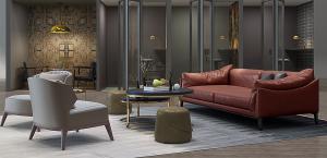 现代皮革沙发、茶几和休闲椅组合