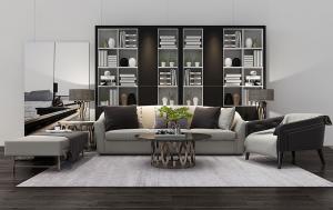 现代沙发、茶几、休闲椅和书架组合