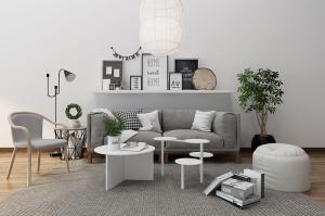 北欧沙发、茶几、圆形坐墩和休闲椅组合