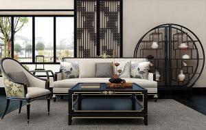 新中式客厅沙发、茶几、花格和博古架组合