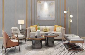 现代轻奢沙发、茶几、脚踏和落地灯组合