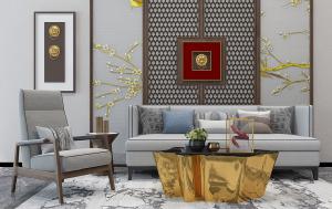 新中式沙发、茶几、浮雕和梅花屏风画组合