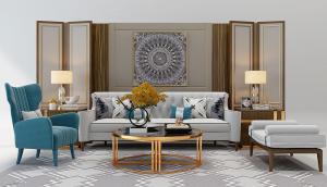 欧式客厅沙发、茶几、脚踏和装饰画组合