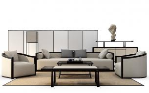 新中式布艺沙发、茶几、屏风和装饰柜组合