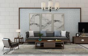 新中式沙发、茶几、电视柜和吊灯组合