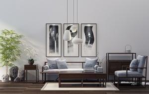 中式沙发、茶几和吊灯组合