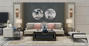 新中式沙发、茶几、坐凳和中式画组合