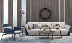 现代布艺沙发、茶几、休闲椅和墙饰组合