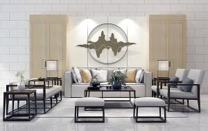 新中式沙发、茶几和方形坐凳组合