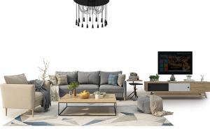 现代沙发、茶几、电视柜和圆形坐墩组合