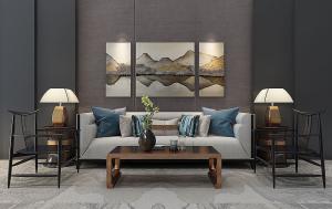 新中式沙发、茶几和中式挂画组合