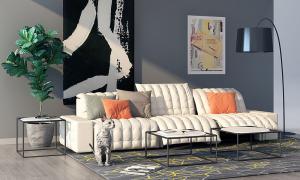 现代休闲沙发、茶几、装饰画和落地灯组合