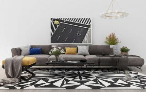 现代布艺沙发、茶几、方形坐凳和吊灯组合